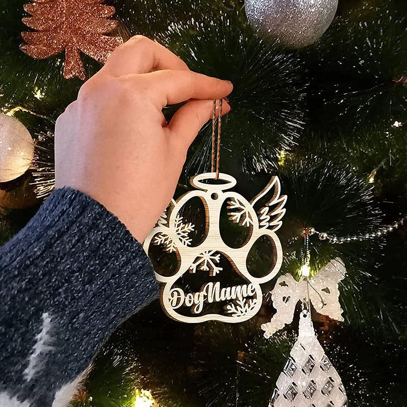 Custom Wooden Name Christmas Ornament Openwork Dog Paw Pendant with Wings