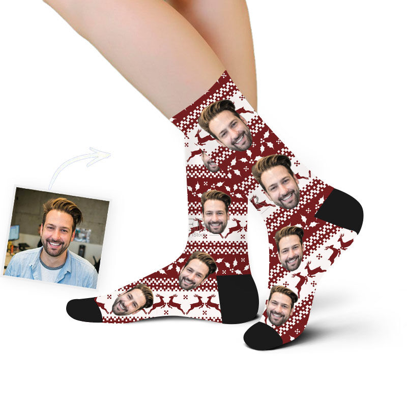 Custom Face Picture Socks Printed with Elk Head for Christmas