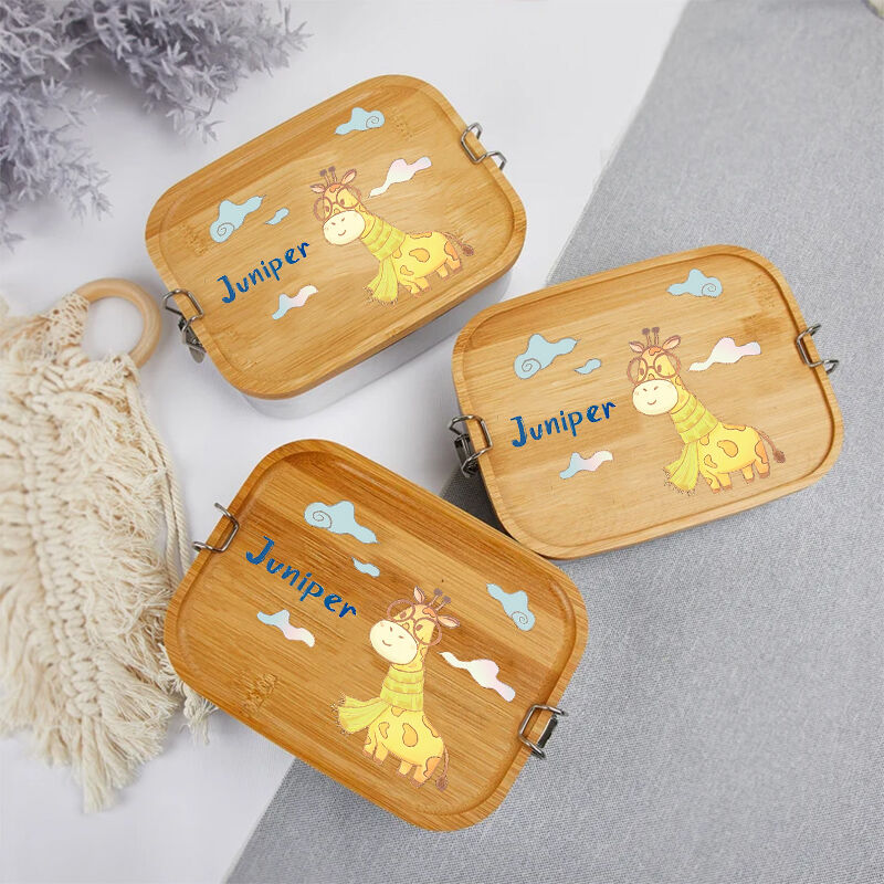 Personalized Lunch Box Custom Name with Cute Giraffe and Clouds