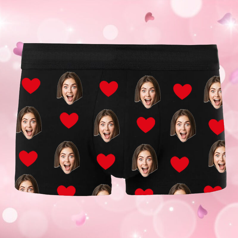 Personalized Photo Men's Underwear Boxer Briefs With Red Heart Pattern Funny Gift for Him