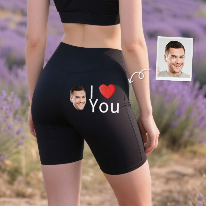 Personalisierte Biker-Leggings Ich liebe dich mit individuellem Foto Herz-Design Attraktives Geschenk für ihre Liebhaber