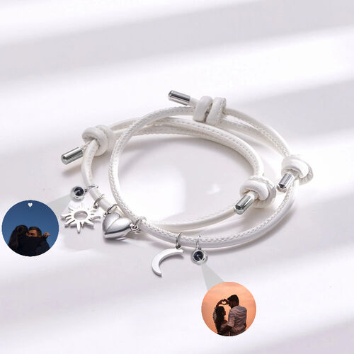 Personalized Photo Projection Couple Bracelet White String with Moon and Sun Charm