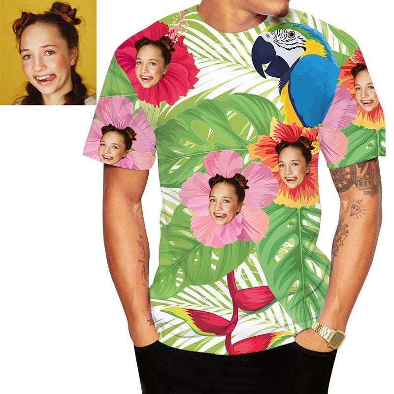 Personalized Hawaiian T-Shirt With Red Flowers And Green Leaves