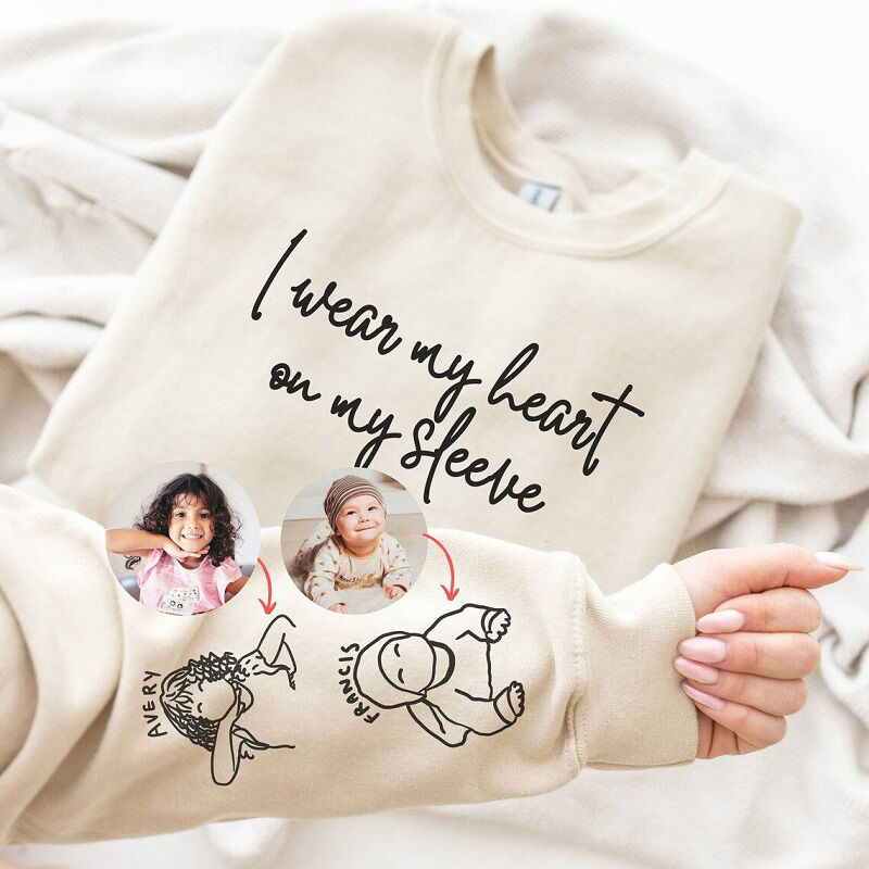 Personalized Sweatshirt Wear My Heart On My Sleeve with Custom Photos Perfect Gift for Mother's Day
