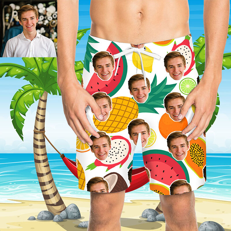 Custom Face Watermelon and Pineapple Men's Beach Shorts