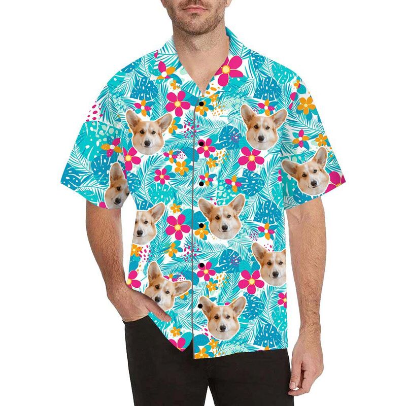 Chemise hawaïenne pour hommes avec impression sur tout le corps : visage personnalisé, fleurs et feuilles mignonnes