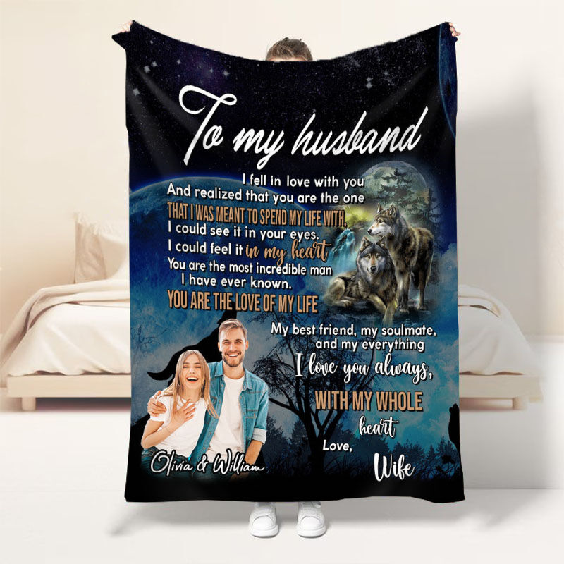 Personalized Picture Blanket Wolfs Pattern Stylish Gift for Husband "My Everything"