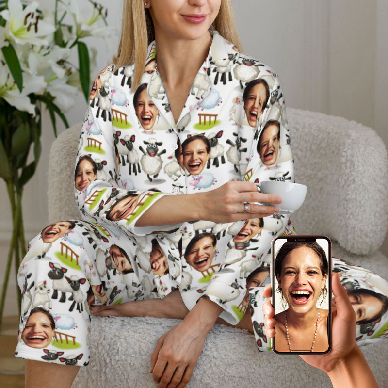 Personalisierte Pyjamas Foto benutzerdefinierte niedliche Schafe Cartoon-Muster Design verspieltes Geschenk für die Familie