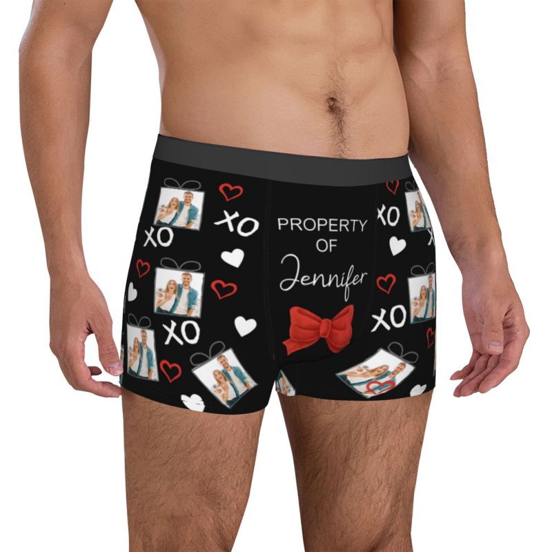 Boxer personnalisé avec photo pour homme, sous-vêtement avec motif de nœud, cadeau romantique pour petit ami