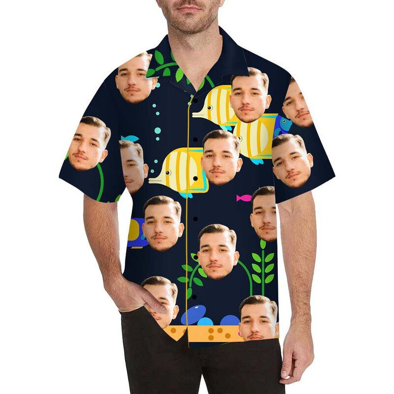 Chemise hawaïenne imprimée sur tout le corps d'un homme avec un visage de poisson de mer personnalisé