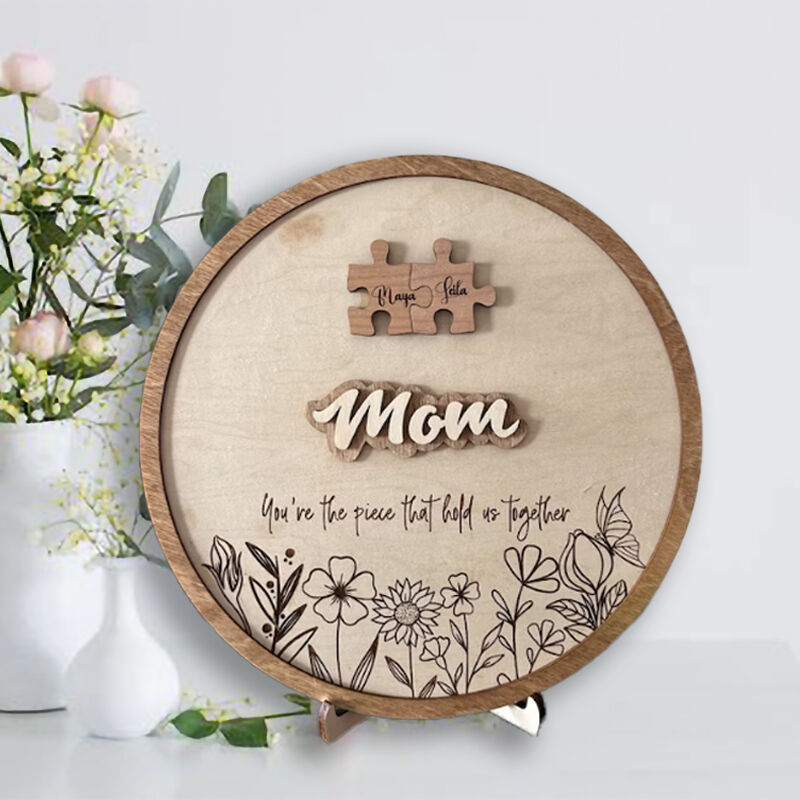 Personalized Circular Name Puzzle Frame with Flower Carving for Mother's Day