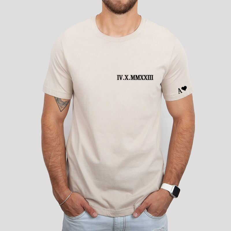 Personalized T-shirt Embroidered Lateral Roman Numeral Date and Initial Great Gift for Anniversary