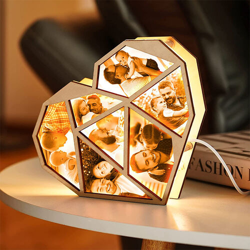Lámpara nocturna personalizada con fotos de madera en forma de corazón para mujer
