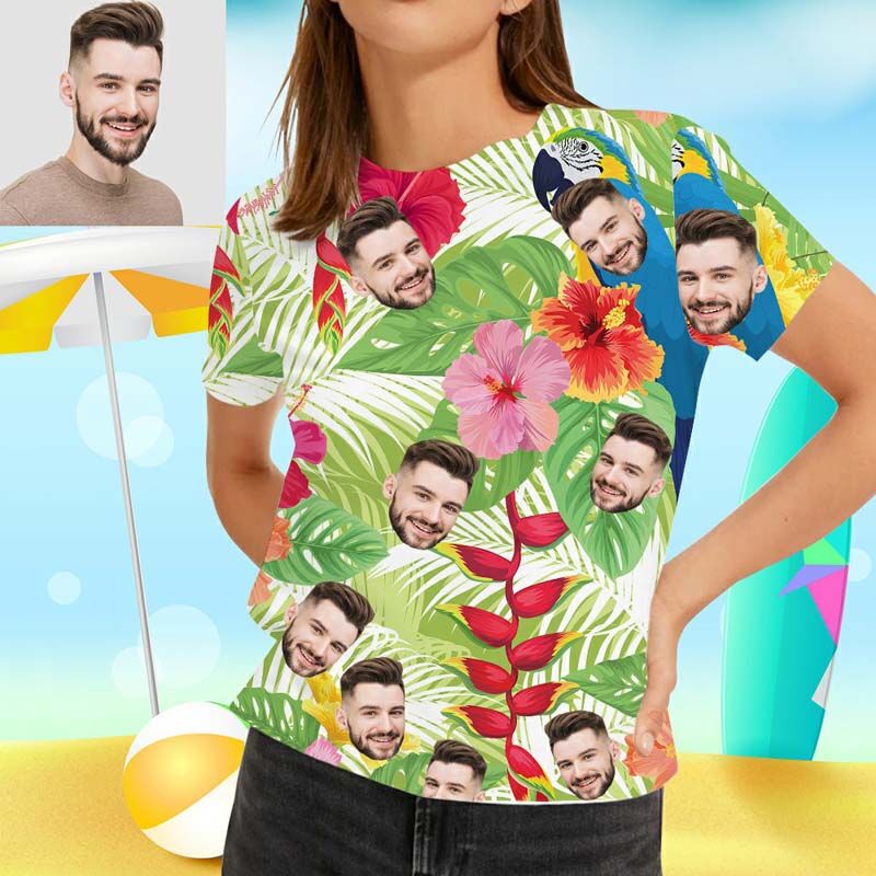 T-shirt "Martin-pêcheur dans les fleurs" Visage personnalisé hawaïen pour femmes