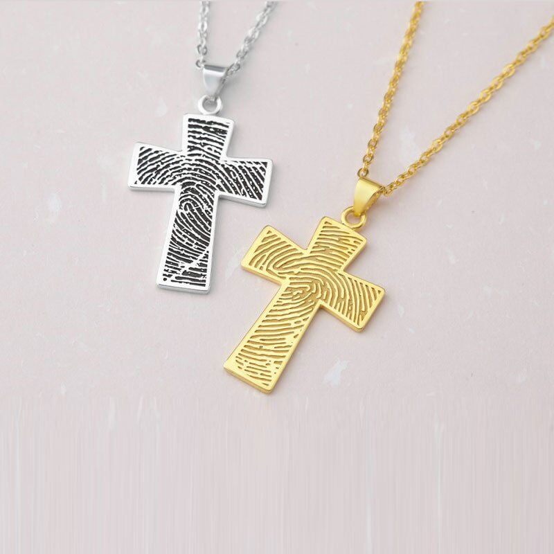 Personalized Fingerprint Jewelry Cross Necklace With Engraved Text