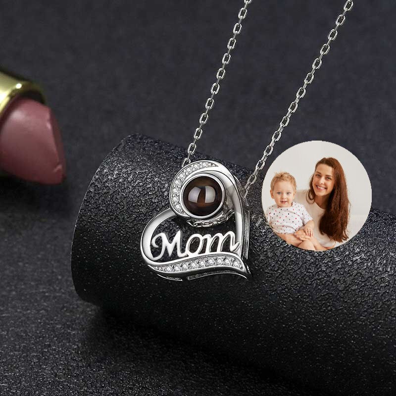 Personalized Photo Projection Mom In Heart Necklace With Picture Inside