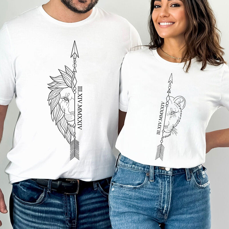 Personalized T-shirt Cool Lion King Couple Design with Custom Roman Numeral Date Gift for Lovers