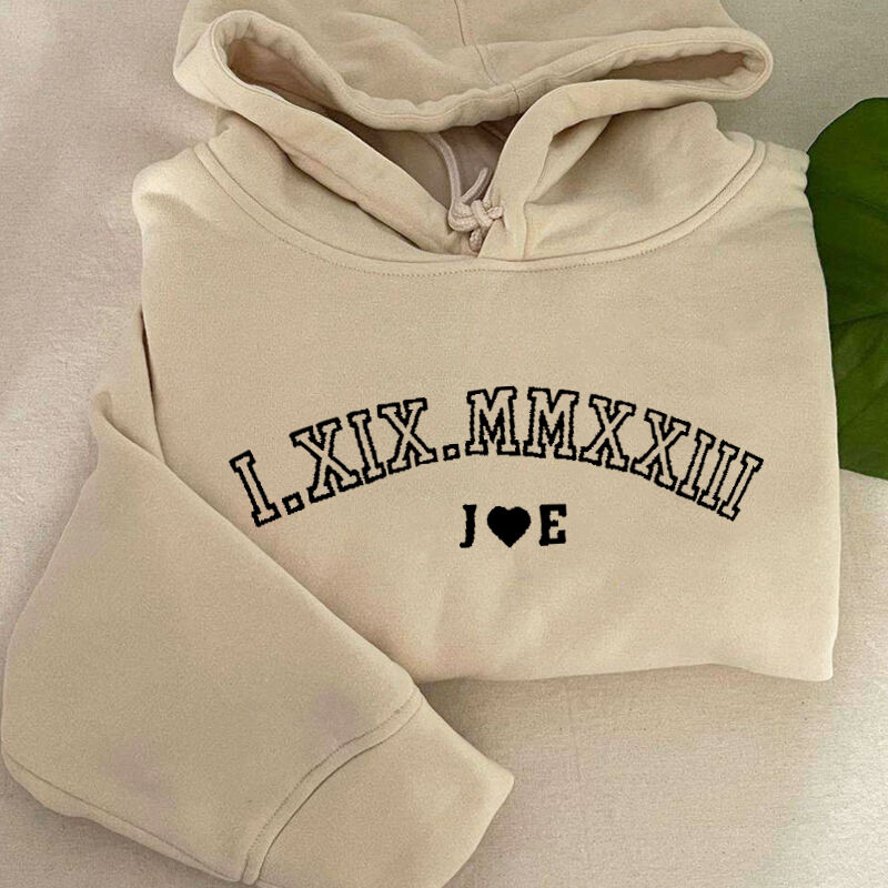 Personalized Hoodie Custom Embroidered Roman Numeral Date and Letters Unique Gift for Couple's Anniversary