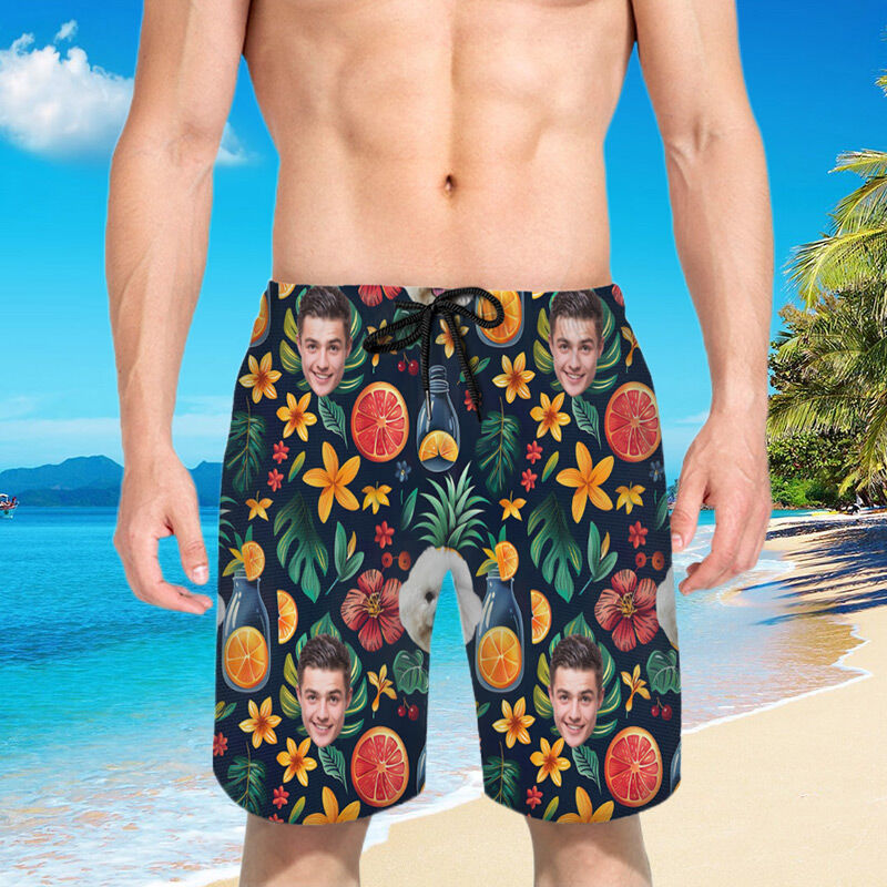 Personalized Picture Men's Beach Shorts with Cute Orange Pattern Funny Gift for Brother