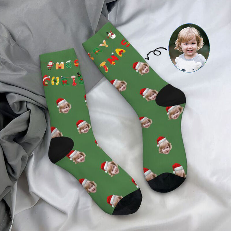 "Merry Christmas" Personalized Face Socks Add Your Child's Photo as a Gift for Family