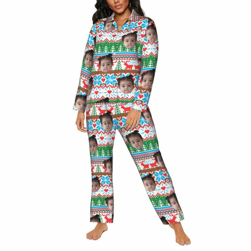 Personalisierte Pyjamas mit individuellem Foto Weihnachtselemente Helle Pixel-Stil Muster Design Geschenk für die Familie