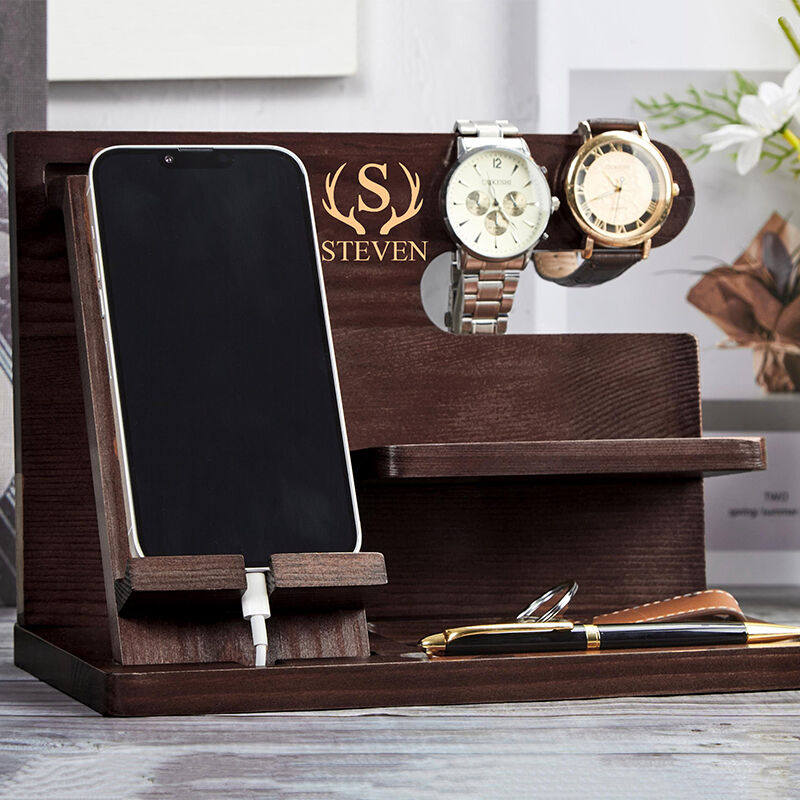 Persoonlijke bureau-organisator Telefoon-docking-station Houten stand Aangepast design Nuttig cadeau voor hem