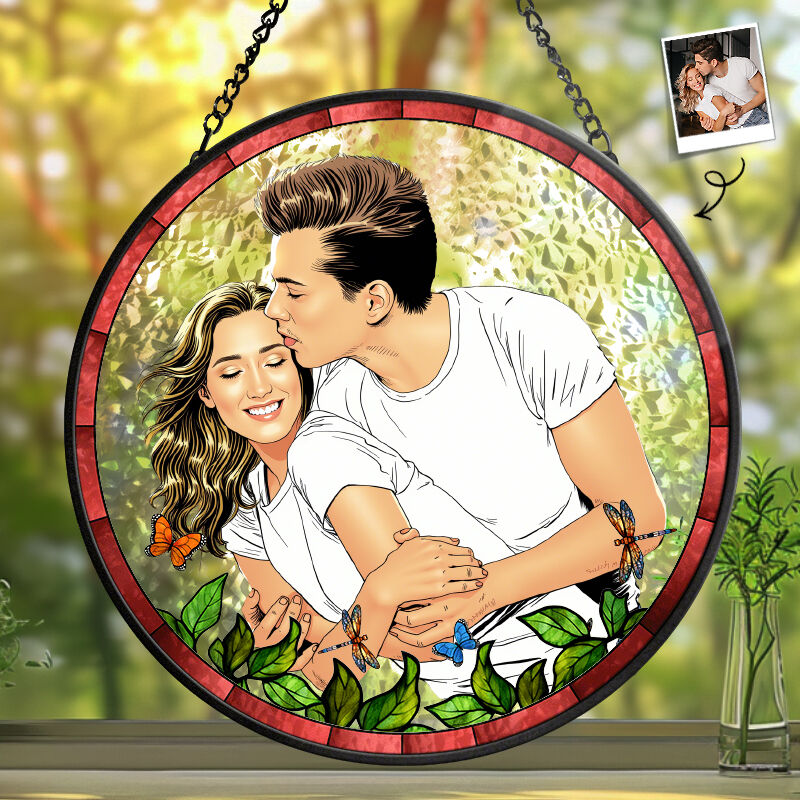 ステンドグラス 窓口 吊り飾り サンキャッチャー 漫画風 写真入り バレンタインデー ギフト カップル カスタマイズ