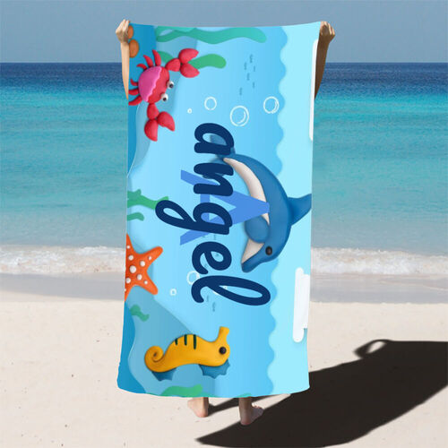 Personalized Name Bath Towel with Underwater Animal World Pattern for Dear Kids