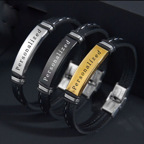 Personalized Ha Trendy Pu Leather Braided Men'S Bracelet With Custom Text