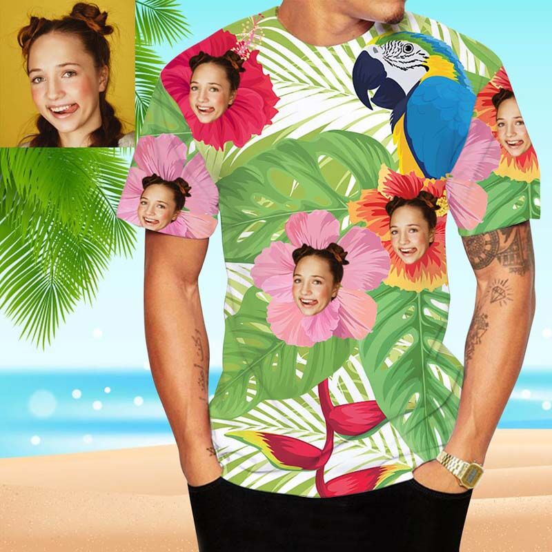 T-Shirt Hawaïen Personnalisé avec Fleurs Rouges et Feuilles Vertes