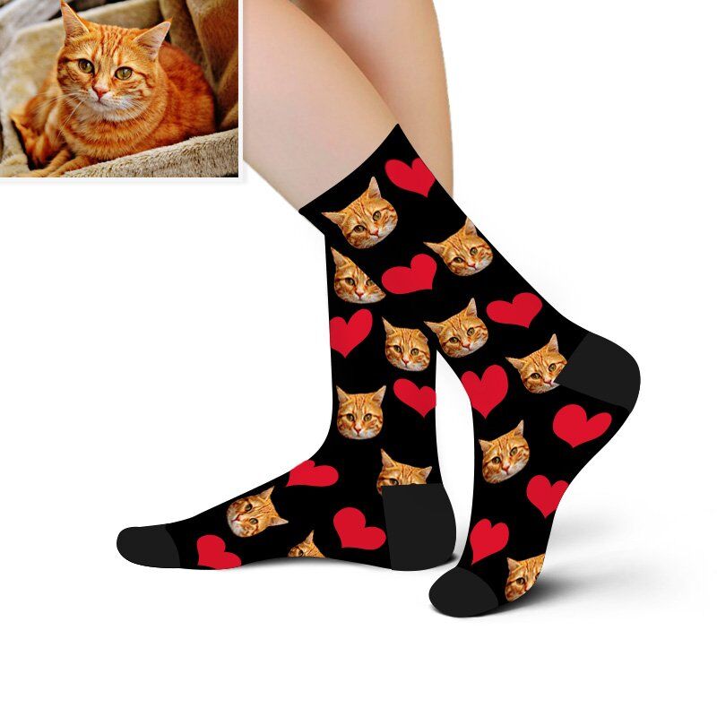 Custom Pet Face Picture Socks Printed with Heart Gift for Pet Lover