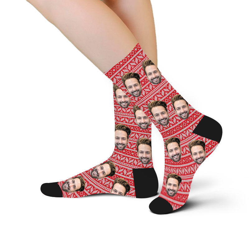 Custom Face Picture Socks Printed with Christmas Totem for Couple