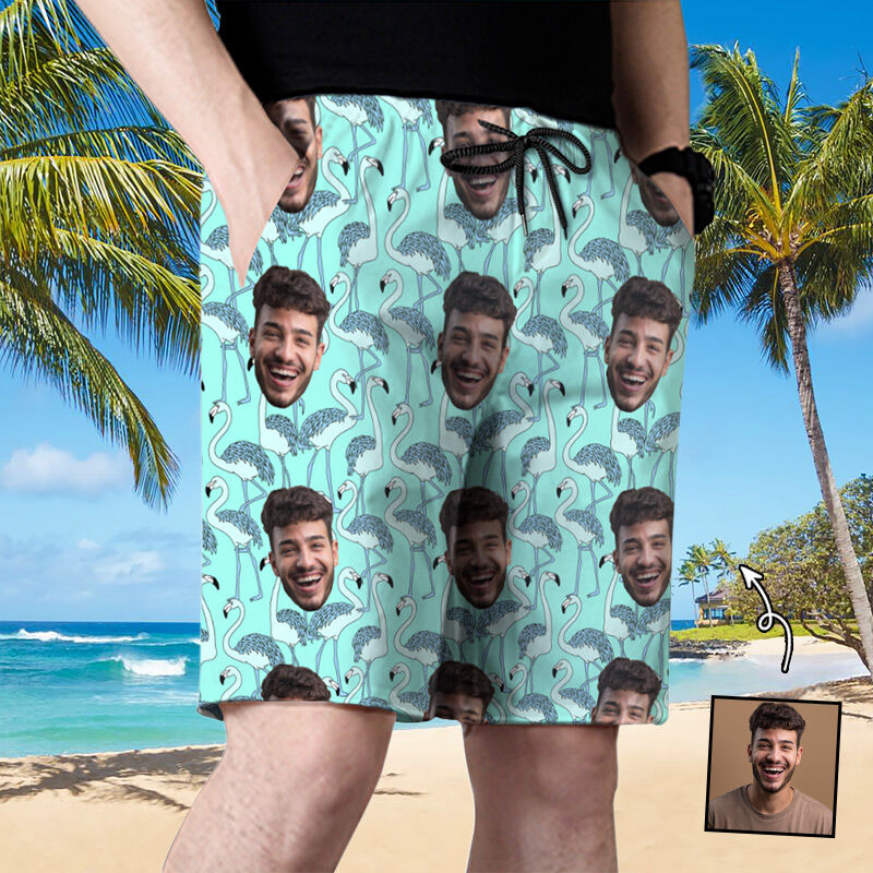 Personalized Picture Men's Beach Shorts Unique Flamingo Pattern Funny Gift for Brother