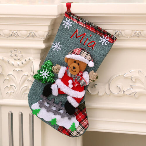 Chaussettes de Noël personnalisées au nom de l'ours gris, flocon de neige et pin