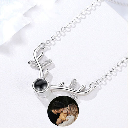 Personalized Antlers Photo Projection Necklace with Diamonds for Mother's Day