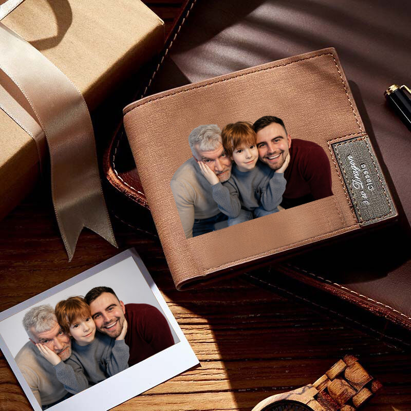 Portefeuille en cuir marron avec photo imprimée en couleur personnalisée - pour le père