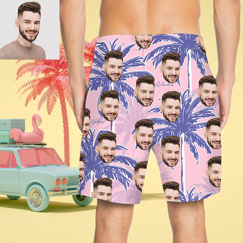 Custom Face Purple Coconut Tree Men's Beach Shorts