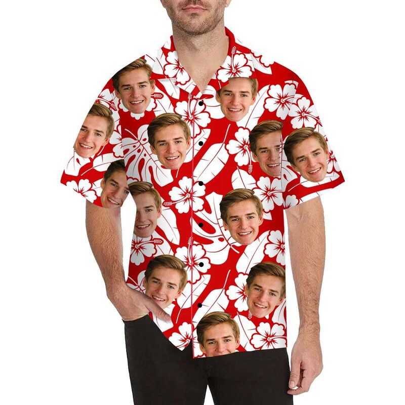 Chemise hawaïenne à impression intégrale pour hommes avec visage personnalisé, fleurs et feuilles blanches