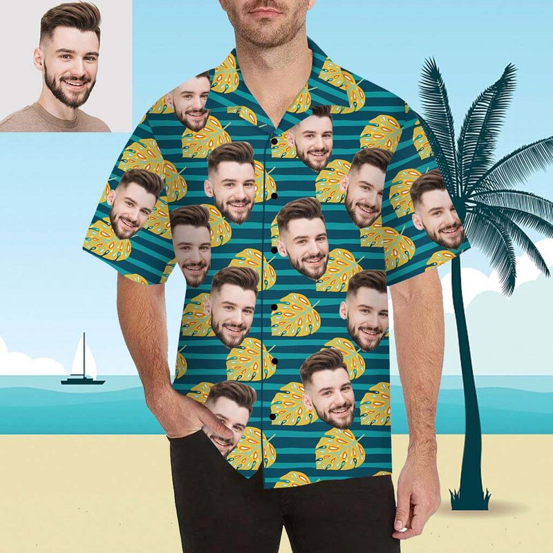 Custom Face Yellow Leaves Green Men's All Over Print Hawaiian Shirt