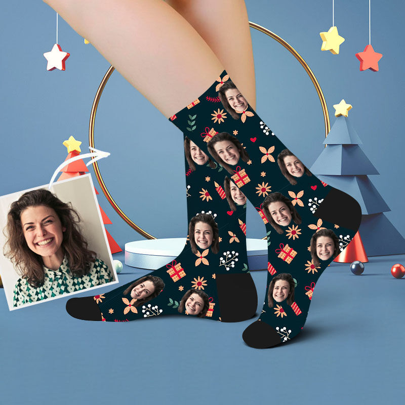 Custom Face Picture Socks Printed with  Christmas Gift and Flower