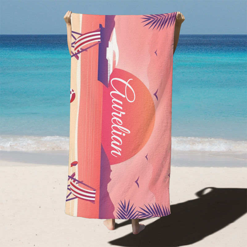 Personalized Name Bath Towel with Sunset by The Sea Pattern for Her