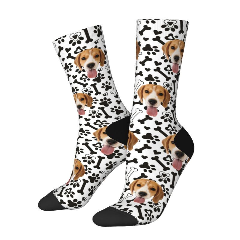 Calcetines faciales personalizables con fotos de mascotas y estampados de huesos blancos y negros