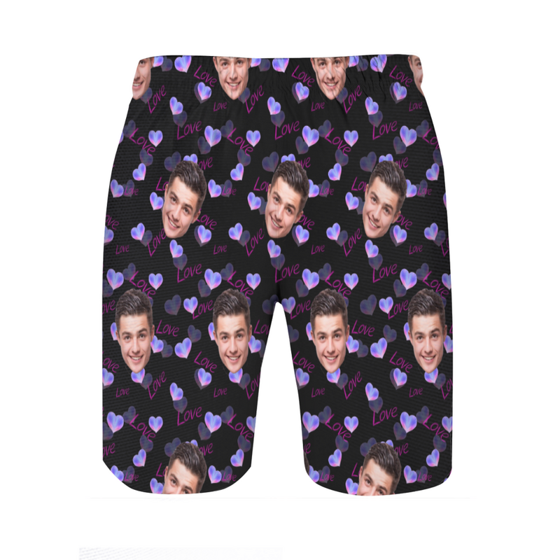 Personalized Picture Men's Beach Shorts with Purple Heart Pattern Cute Gift for Boyfriend