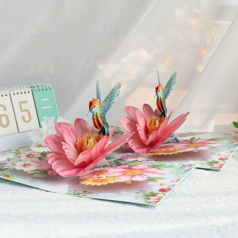 3D Pop Up Card Hummingbird Blooming Flowers Design Perfect Mother's Day Gift
