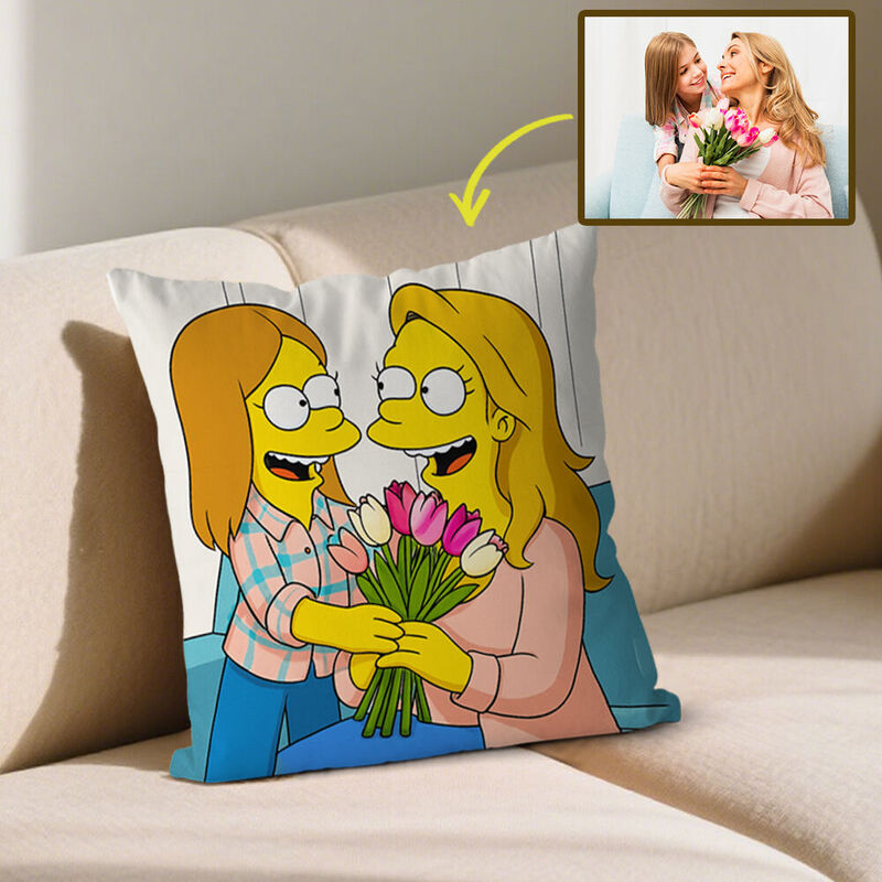 Personlig kudde med tecknad bild i rolig stil mors dag-present till mamma