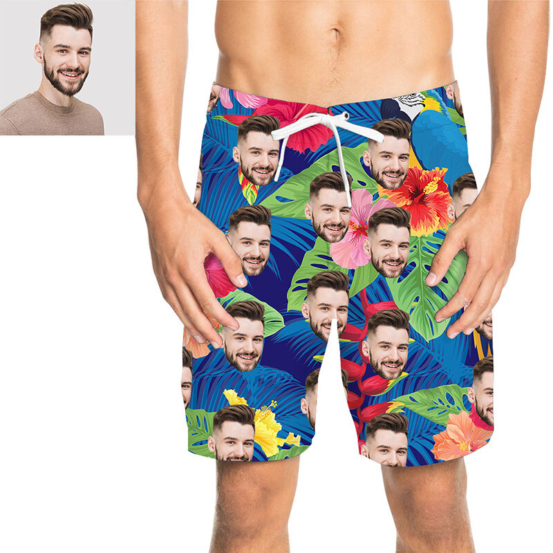 Custom Face Wonderful Flowers and Parrot Men's Beach Shorts