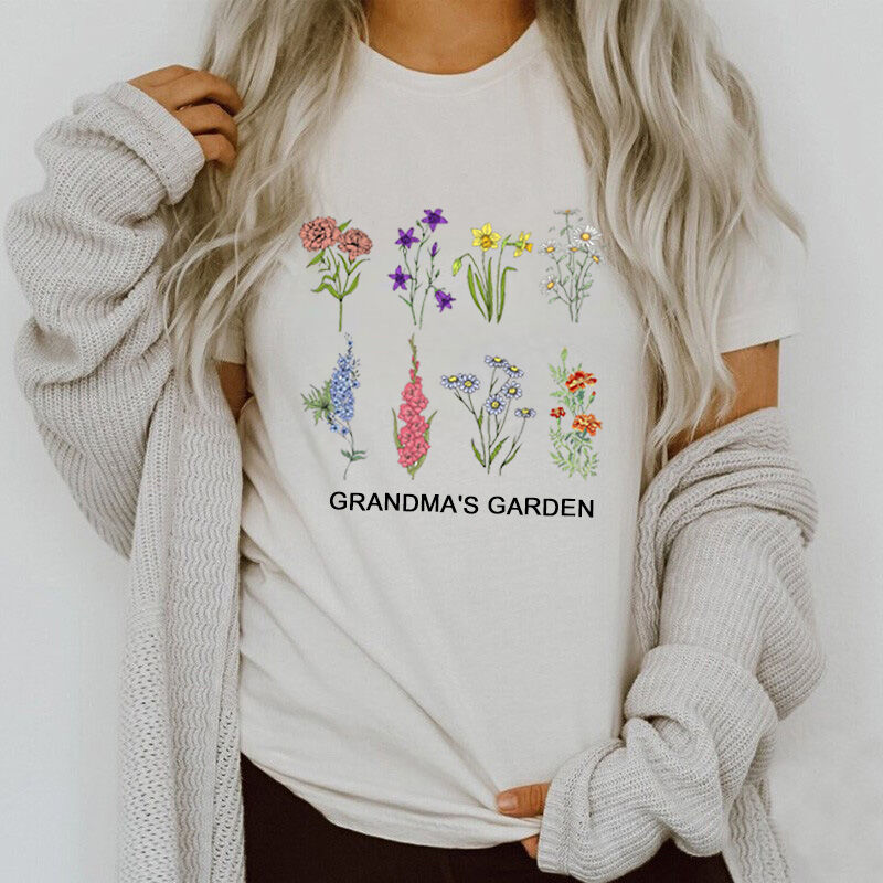 T-shirt personalizzata Giardino con nome e fiore personalizzati per il regalo della Festa della Mamma