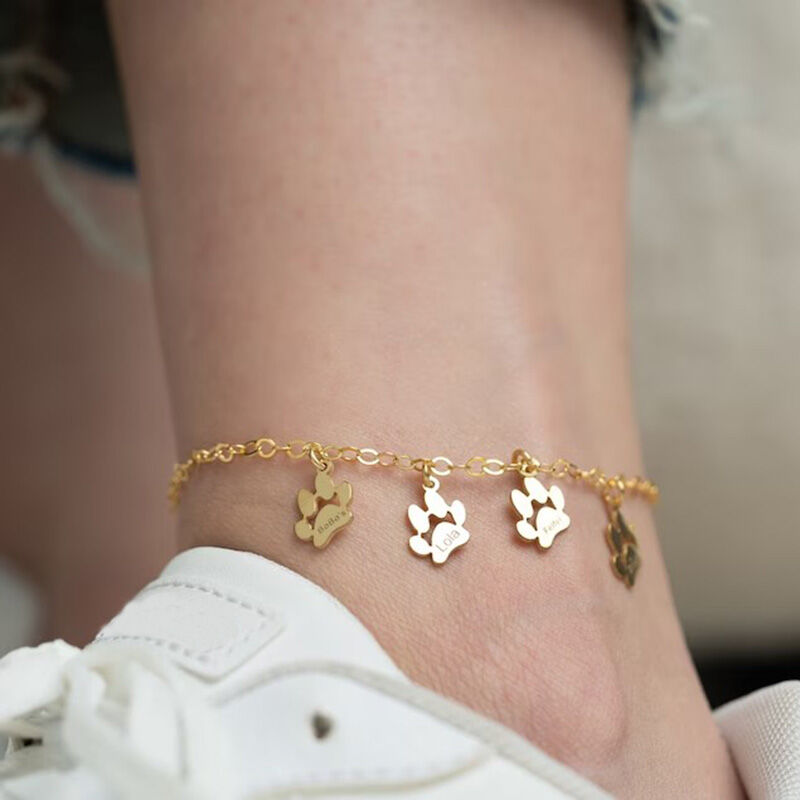 Personalized Name Anklet with Pet Paw Prints Pattern Cute Gift for Pet Lover