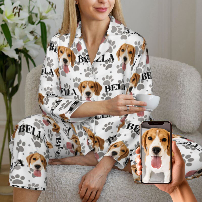 Pyjama personnalisé avec photo et nom d'animal de compagnie personnalisés et jolis motifs d'empreintes de pattes, cadeau pour les amoureux des animaux