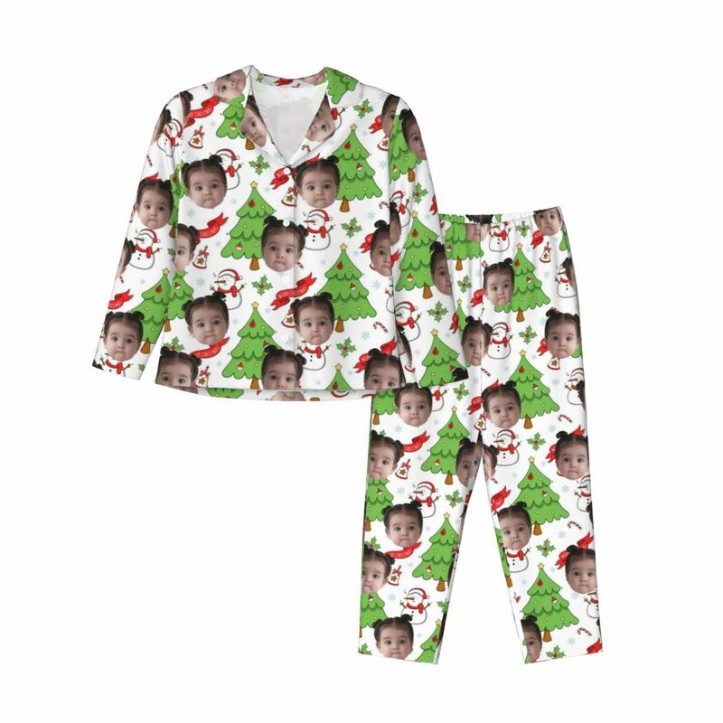 Personalized Pajamas Custom Photo Christmas Tree Snowman Cartoon Style Design Cute Gift for Family